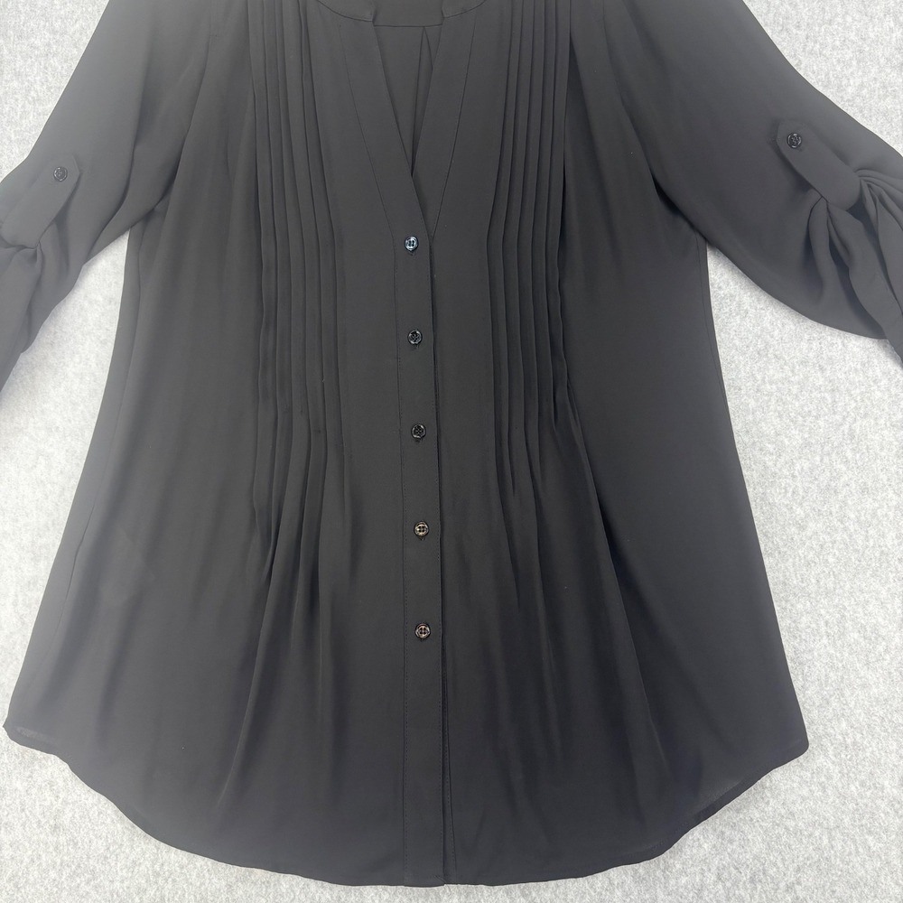 BCBGMAXAZRIA XS Black Pleated Button Front Blouse Career Office Workwear Loose - Picture 8 of 10